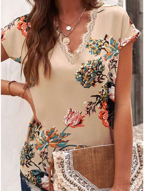 Shein Floral Print Contrast Lace Blouse