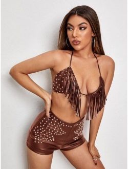 SXY Tie Backless Studded Detail Fringe Crop Halter Top & Shorts Set