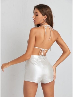 SXY Tie Backless Studded Detail Fringe Crop Halter Top & Shorts Set