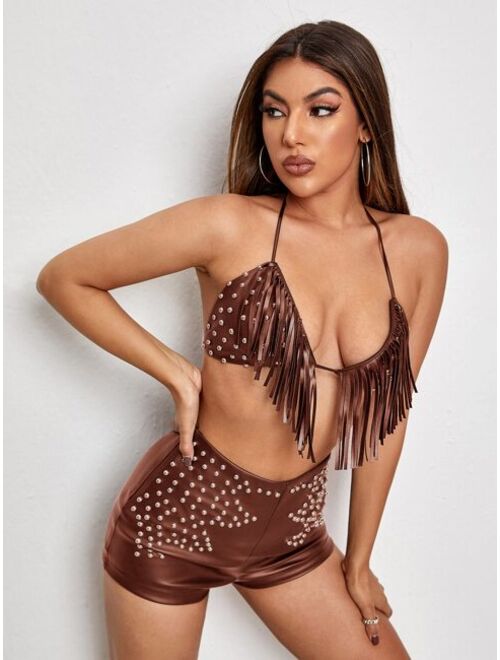 SHEIN SXY Tie Backless Studded Detail Fringe Crop Halter Top & Shorts Set