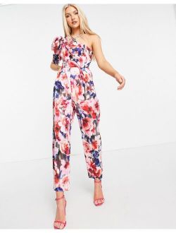 one shoulder puff sleeve jumpsuit in floral