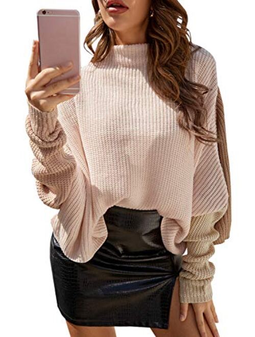 Sollinarry Women's Color Block Sweater Turtleneck Batwing Sleeve Pullover Oversized Knit Jumper