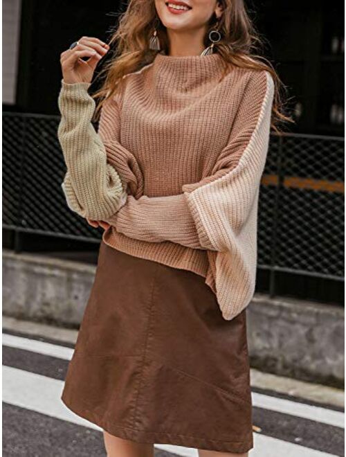 Sollinarry Women's Color Block Sweater Turtleneck Batwing Sleeve Pullover Oversized Knit Jumper