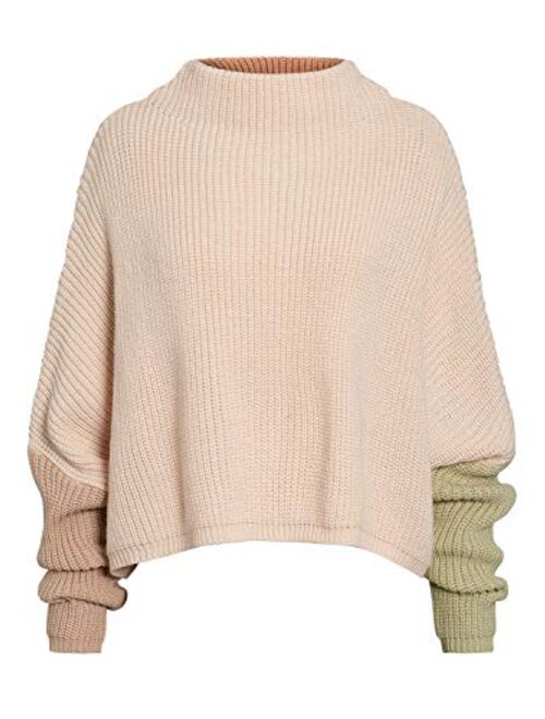 Sollinarry Women's Color Block Sweater Turtleneck Batwing Sleeve Pullover Oversized Knit Jumper