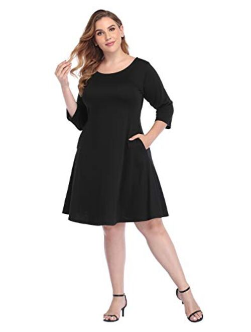 HDE Plus Size A Line Dress with Pockets 3/4 Sleeve Fit and Flare Skater Dresses