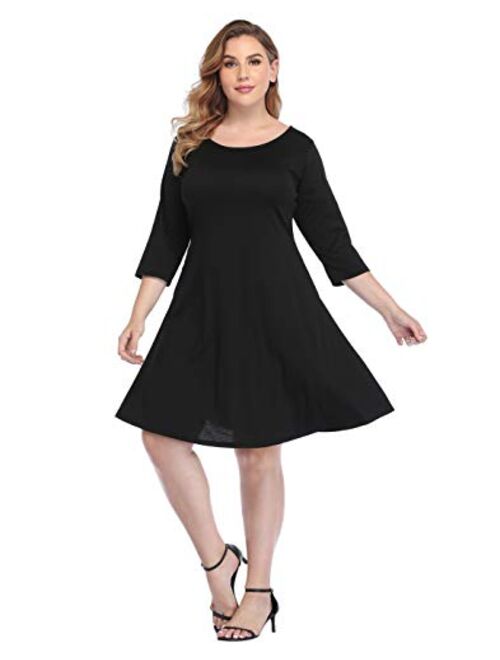 HDE Plus Size A Line Dress with Pockets 3/4 Sleeve Fit and Flare Skater Dresses