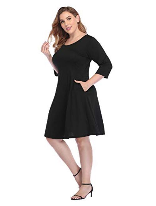 HDE Plus Size A Line Dress with Pockets 3/4 Sleeve Fit and Flare Skater Dresses