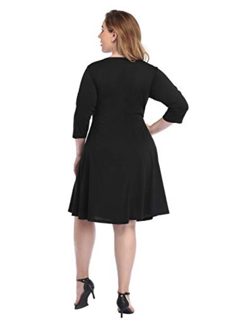 HDE Plus Size A Line Dress with Pockets 3/4 Sleeve Fit and Flare Skater Dresses