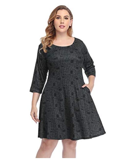 HDE Plus Size A Line Dress with Pockets 3/4 Sleeve Fit and Flare Skater Dresses