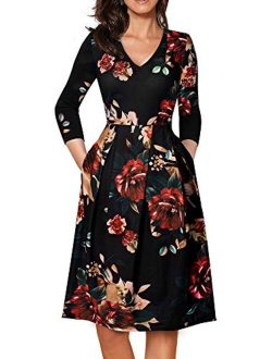 HOMEYEE Women's V-Neck 3/4 Sleeve Flare Casual Dress with Pockets A126