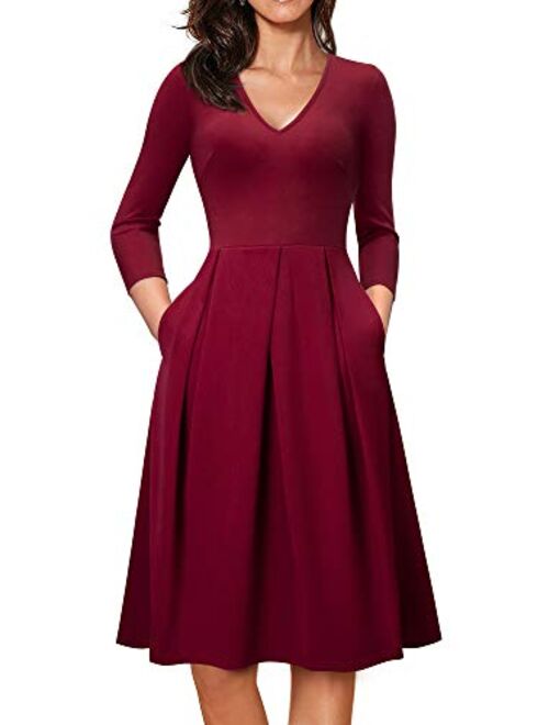 HOMEYEE Women's V-Neck 3/4 Sleeve Flare Casual Dress with Pockets A126