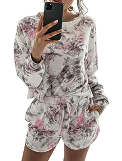 Womens Tie Dye Printed Pajamas Set Long Sleeve Tops With Shorts Lounge Set Casual Two-Piece Sleepwear