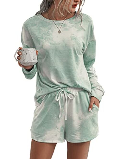 PRETTYGARDEN Women’s Tie Dye Printed Pajamas Set Long Sleeve Tops With Shorts Lounge Set Casual Two-Piece Sleepwear