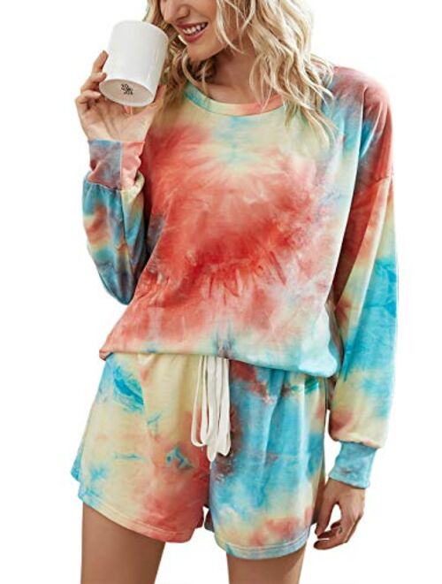 PRETTYGARDEN Women’s Tie Dye Printed Pajamas Set Long Sleeve Tops With Shorts Lounge Set Casual Two-Piece Sleepwear