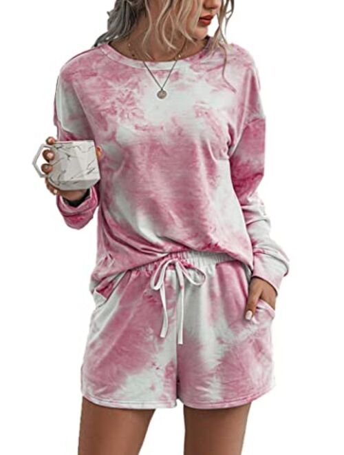 PRETTYGARDEN Women’s Tie Dye Printed Pajamas Set Long Sleeve Tops With Shorts Lounge Set Casual Two-Piece Sleepwear