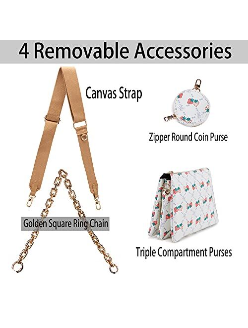 Crossbody Bags for Women Triple Compartment Purses and Handbags with Coin Purse and Square Ring Chain Shoulder Strap