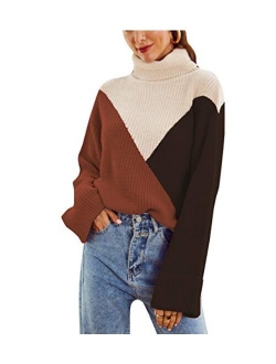 MsLure Women’s Pullover Sweater Casual Long Sleeve Turtleneck Colorblock Sweater Knit Jumper for Women