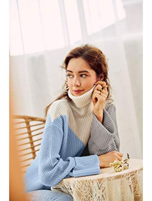 MsLure Women’s Pullover Sweater Casual Long Sleeve Turtleneck Colorblock Sweater Knit Jumper for Women