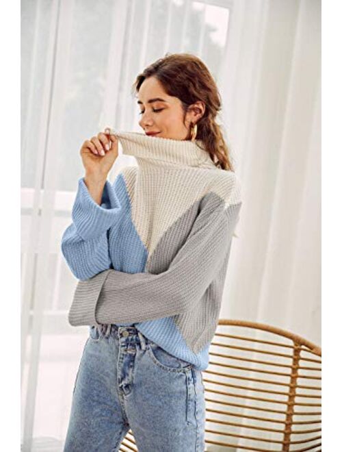 MsLure Women’s Pullover Sweater Casual Long Sleeve Turtleneck Colorblock Sweater Knit Jumper for Women