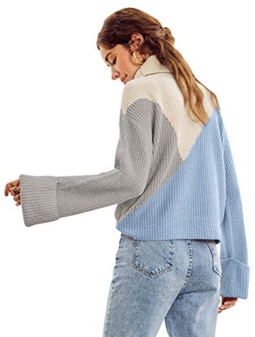 MsLure Women’s Pullover Sweater Casual Long Sleeve Turtleneck Colorblock Sweater Knit Jumper for Women