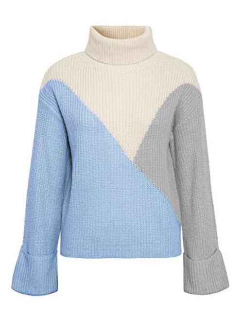 MsLure Women’s Pullover Sweater Casual Long Sleeve Turtleneck Colorblock Sweater Knit Jumper for Women