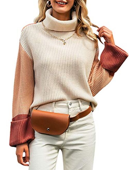 MsLure Women’s Pullover Sweater Casual Long Sleeve Turtleneck Colorblock Sweater Knit Jumper for Women