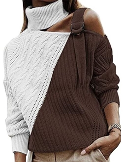 AlvaQ Womens Turtleneck Cold Shoulder Sweaters Leopard Patchwork Knitted Pullover Jumper Tops