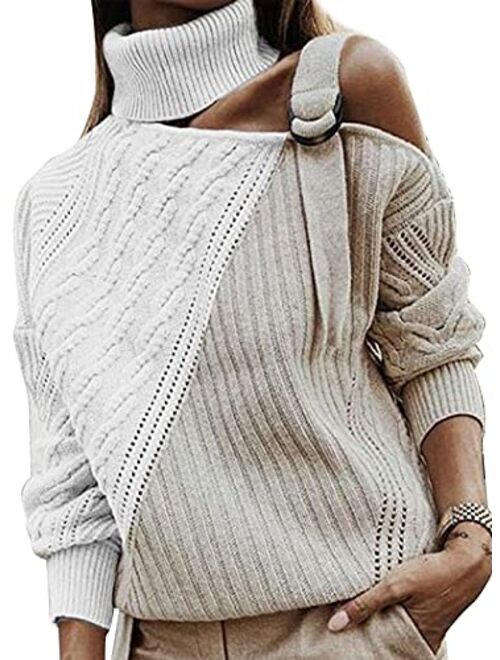 AlvaQ Womens Turtleneck Cold Shoulder Sweaters Leopard Patchwork Knitted Pullover Jumper Tops