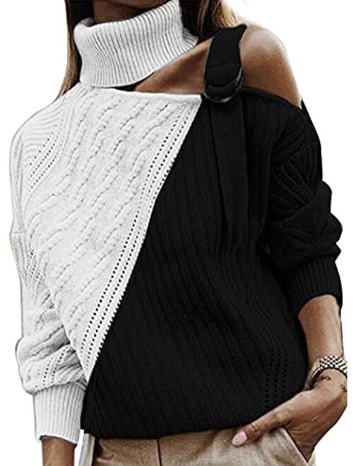 AlvaQ Womens Turtleneck Cold Shoulder Sweaters Leopard Patchwork Knitted Pullover Jumper Tops