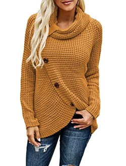 Itsmode Women's Chunky Turtle Cowl Neck Knit Wrap Asymmetric Hem Sweater Coat with Button Details