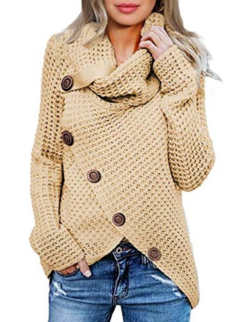 Itsmode Women's Chunky Turtle Cowl Neck Knit Wrap Asymmetric Hem Sweater Coat with Button Details