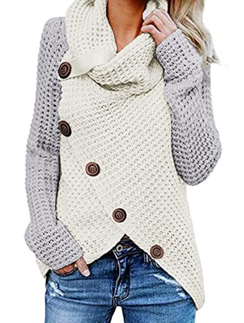 Itsmode Women's Chunky Turtle Cowl Neck Knit Wrap Asymmetric Hem Sweater Coat with Button Details