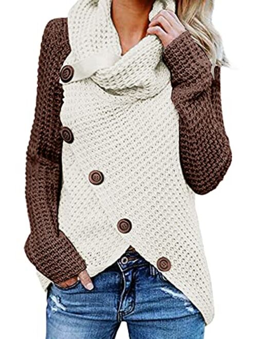 Itsmode Women's Chunky Turtle Cowl Neck Knit Wrap Asymmetric Hem Sweater Coat with Button Details