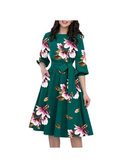 US A-Line Women Elegant O-Neck Half Sleeve Pocket Sashes Knee-Length Casual Dress