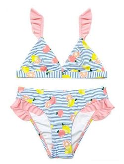 Girls Cute Triangle Ruffles Bikini Hipster Floral Printing Bathing Suits