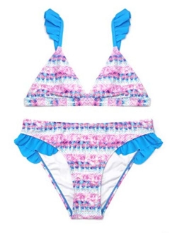 Girls Cute Triangle Ruffles Bikini Hipster Floral Printing Bathing Suits