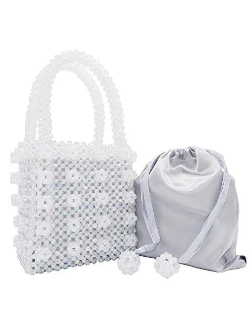 Miuco Womens Beaded Handbags Handmade Weave Crystal Pearl Tote Bags