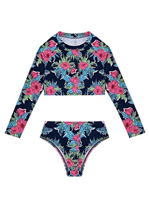 Yartina Little Big Girls 2Piece Swimsuit Sets Floral Rash Shirt Tops with Bottoms Beach Tankini Bathing Suit