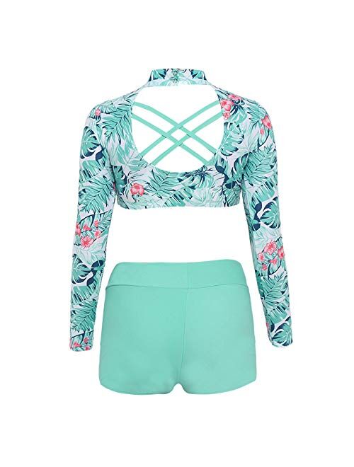 Haitryli Kid Girls Long Sleeves Rash Guard Swimsuits 2Pcs Keyhole Back Crop Top and Boyshorts Set Dancewear