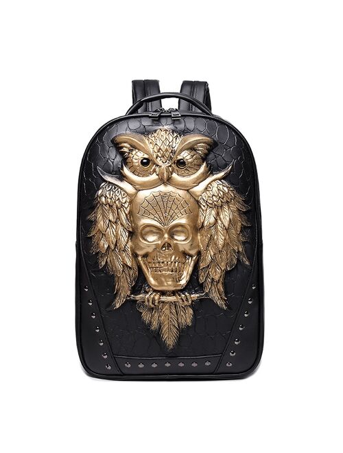 3D Owl Skull Embossing Rivet Black Purse Satchel Man Backpack Halloween Stylish Cool PU Leather laptop Travel Soft Bags