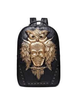 Men Backpack 3D Owl Skull Embossing Rivet Black Purse Satchel Halloween Stylish Cool PU Leather laptop Travel Soft Bags