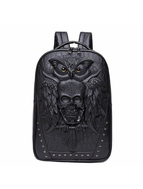 Men Backpack 3D Owl Skull Embossing Rivet Black Purse Satchel Halloween Stylish Cool PU Leather laptop Travel Soft Bags