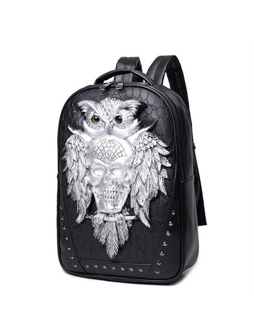 Men Backpack 3D Owl Skull Embossing Rivet Black Purse Satchel Halloween Stylish Cool PU Leather laptop Travel Soft Bags