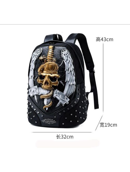 3d Embossed three-dimensional skull backpack men's spirit snake punk backpack pu leather waterproof computer bag