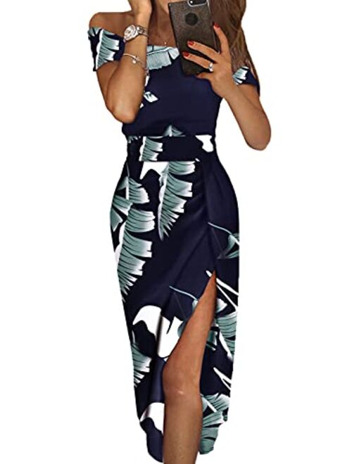 AZOKOE Women Bohemian Floral Printed Off Shoulder Short Sleeve Split Party Midi Dresses