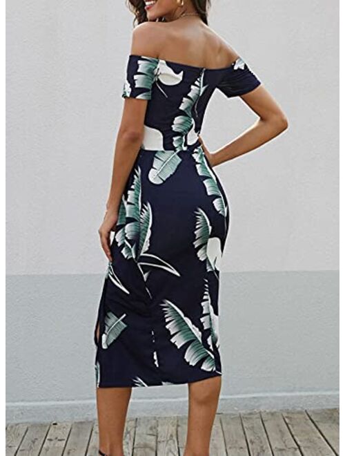 AZOKOE Women Bohemian Floral Printed Off Shoulder Short Sleeve Split Party Midi Dresses