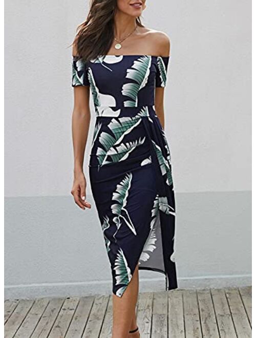 AZOKOE Women Bohemian Floral Printed Off Shoulder Short Sleeve Split Party Midi Dresses