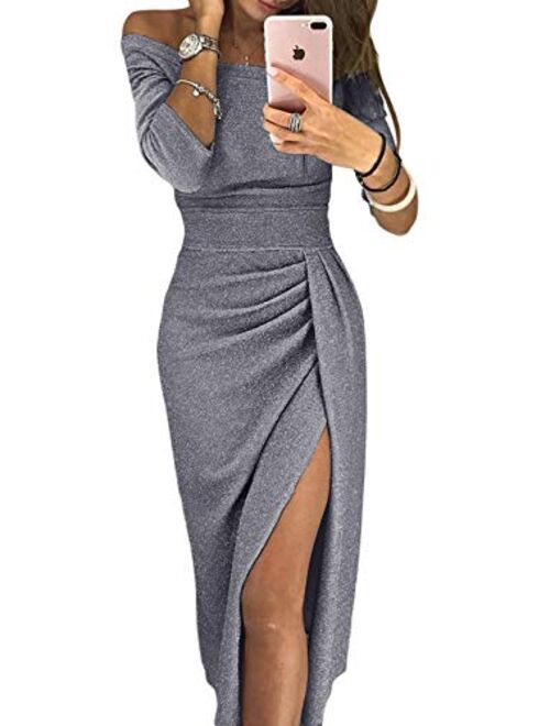 TIKSAWON Womens Dresses Off The Shoulder Sequin Party Evening Long Maxi Dress Gown with Slit