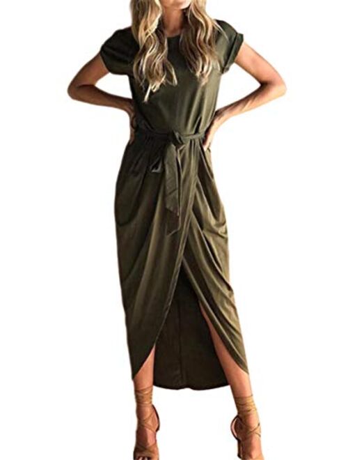 WIWIQS Women's Casual Short Sleeve Slit Dress Summer Solid Party Long Maxi Dress Knee Length Dress