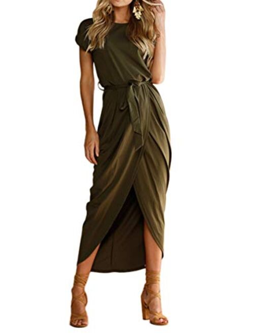 WIWIQS Women's Casual Short Sleeve Slit Dress Summer Solid Party Long Maxi Dress Knee Length Dress